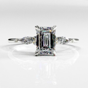 Emerald Cut Moissanite Side Stone Engagement Ring