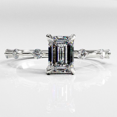 Emerald Cut Moissanite Side Stone Engagement Ring