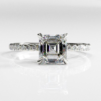 Asscher Cut Moissanite Hidden Halo Pave Engagement Ring 