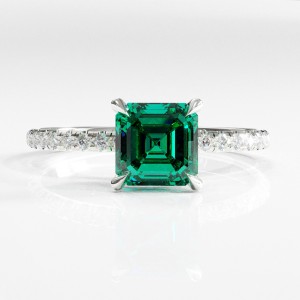 Asscher Cut Lab Grown Emerald Hidden Halo Pave Engagement Ring 