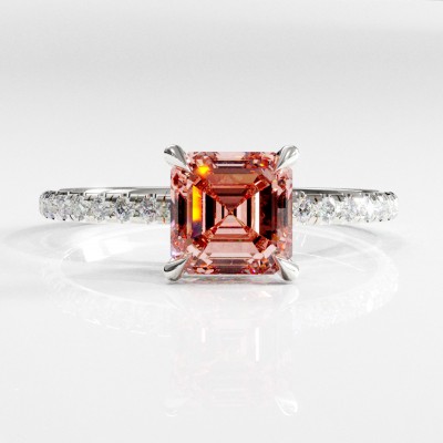 Asscher Cut Lab Grown Morganite Hidden Halo Pave Engagement Ring 