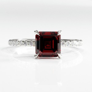 Asscher Cut Lab Grown Ruby Hidden Halo Pave Engagement Ring 