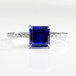 Asscher Cut Lab Grown Sapphire Hidden Halo Pave Engagement Ring 