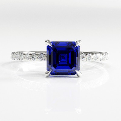 Asscher Cut Lab Grown Sapphire Hidden Halo Pave Engagement Ring 