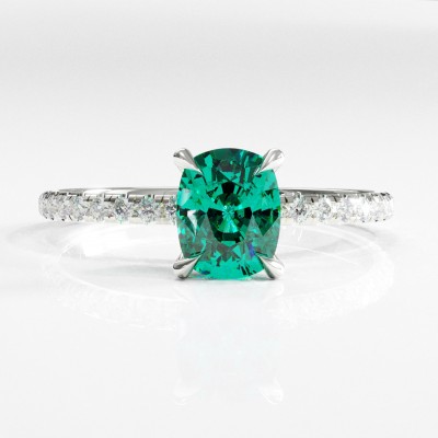 Elongated Cushion Cut Lab Grown Emerald Hidden Halo Pave Engagement Ring 