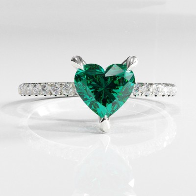 Heart Cut Lab Grown Emerald Hidden Halo Pave Engagement Ring 