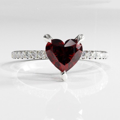 Heart Cut Lab Grown Ruby Hidden Halo Pave Engagement Ring 