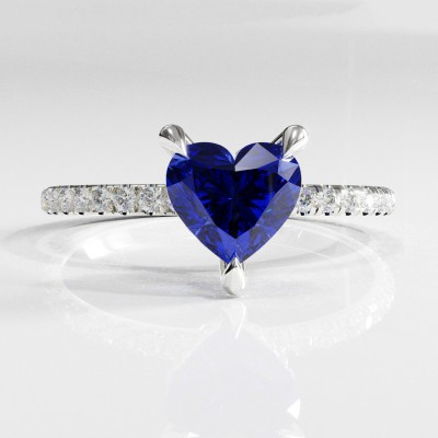 Heart Cut Lab Grown Sapphire Hidden Halo Pave Engagement Ring 