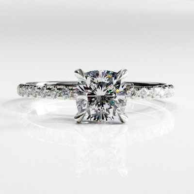 Cushion Cut Moissanite Hidden Halo Pave Engagement Ring 