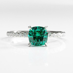 Cushion Cut Lab Grown Emerald Hidden Halo Pave Engagement Ring 