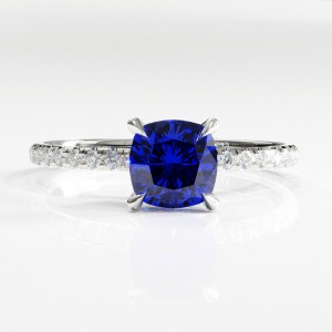 Cushion Cut Lab Grown Sapphire Hidden Halo Pave Engagement Ring 