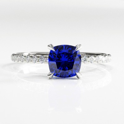 Cushion Cut Lab Grown Sapphire Hidden Halo Pave Engagement Ring 