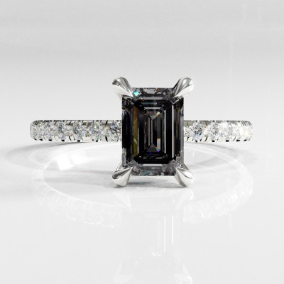 Emerald Cut Moissanite Hidden Halo Pave Engagement Ring 