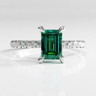 Emerald Cut Lab Grown Emerald Hidden Halo Pave Engagement Ring 