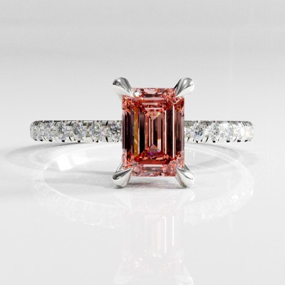 Emerald Cut Lab Grown Morganite Hidden Halo Pave Engagement Ring 