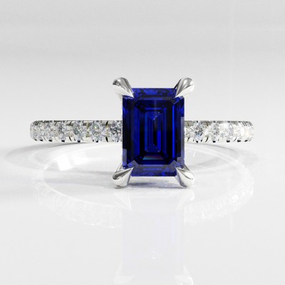 Emerald Cut Lab Grown Sapphire Hidden Halo Pave Engagement Ring 