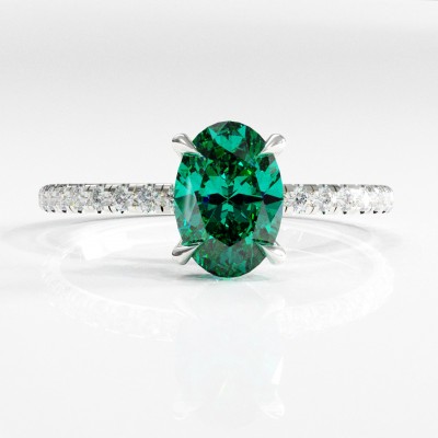 Oval Cut Lab Grown Emerald Hidden Halo Pave Engagement Ring 