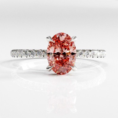 Oval Cut Lab Grown Morganite Hidden Halo Pave Engagement Ring 