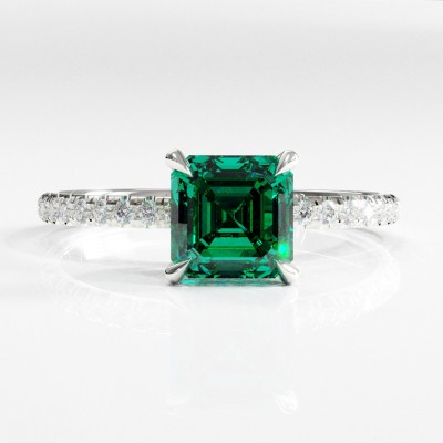 Asscher Cut Lab Grown Emerald Hidden Halo Pave Engagement Ring 