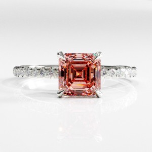 Asscher Cut Lab Grown Morganite Hidden Halo Pave Engagement Ring 