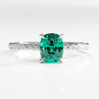 Elongated Cushion Cut Lab Grown Emerald Hidden Halo Pave Engagement Ring 