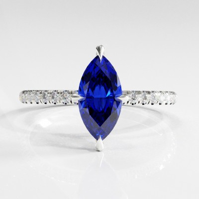 Marquise Cut Lab Grown Sapphire Hidden Halo Pave Engagement Ring 