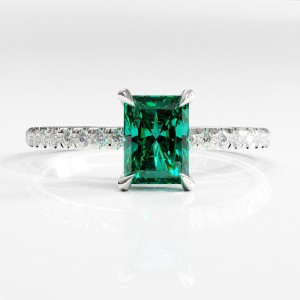 Radiant Cut Lab Grown Emerald Hidden Halo Pave Engagement Ring 