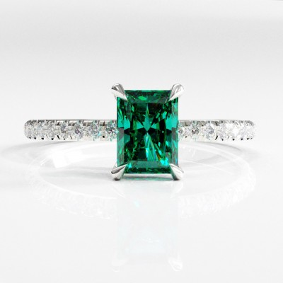 Radiant Cut Lab Grown Emerald Hidden Halo Pave Engagement Ring 