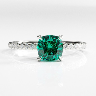 Cushion Cut Lab Grown Emerald Hidden Halo Pave Engagement Ring 