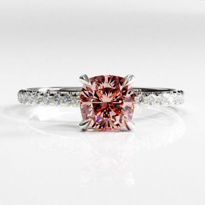 Cushion Cut Lab Grown Morganite Hidden Halo Pave Engagement Ring 