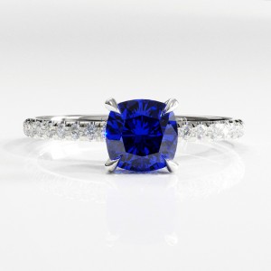 Cushion Cut Lab Grown Sapphire Hidden Halo Pave Engagement Ring 