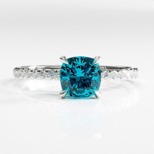 Cushion Cut Natural Topaz Hidden Halo Pave Engagement Ring 