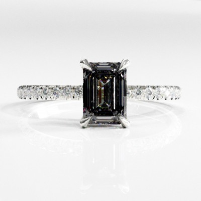 Emerald Cut Moissanite Hidden Halo Pave Engagement Ring 