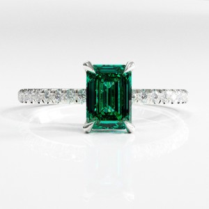 Emerald Cut Lab Grown Emerald Hidden Halo Pave Engagement Ring 