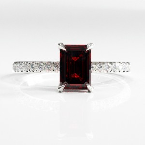 Emerald Cut Lab Grown Ruby Hidden Halo Pave Engagement Ring 