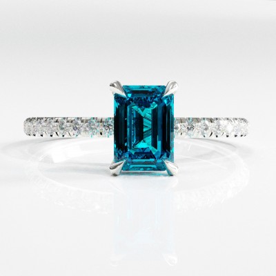 Emerald Cut Natural Topaz Hidden Halo Pave Engagement Ring 