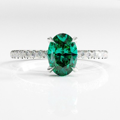 Oval Cut Lab Grown Emerald Hidden Halo Pave Engagement Ring 