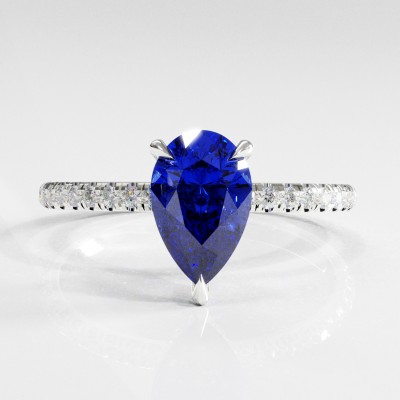 Pear Cut Lab Grown Sapphire Hidden Halo Pave Engagement Ring 