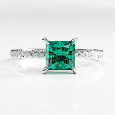 Princess Cut Lab Grown Emerald Hidden Halo Pave Engagement Ring 