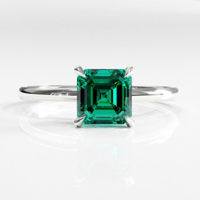 Asscher Cut Lab Grown Emerald Hidden Halo Solitaire Engagement Ring