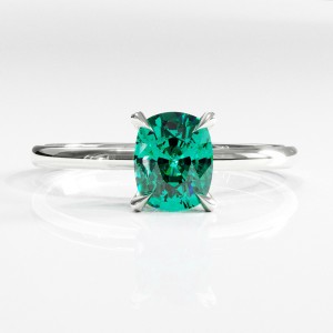 Elongated Cushion Cut Lab Grown Emerald Hidden Halo Solitaire Engagement Ring