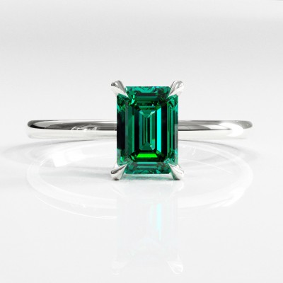 Emerald Cut Lab Grown Emerald Hidden Halo Solitaire Engagement Ring