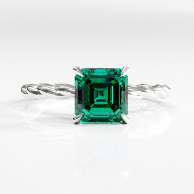 Asscher Cut Lab Grown Emerald Hidden Halo Twisted Engagement Ring