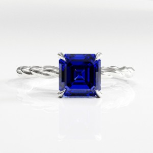 Asscher Cut Lab Grown Sapphire Hidden Halo Twisted Engagement Ring