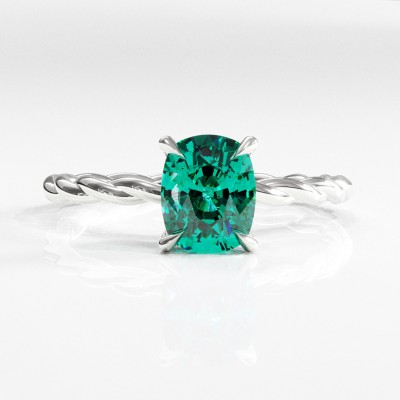 Elongated Cushion Cut Lab Grown Emerald Hidden Halo Twisted Engagement Ring