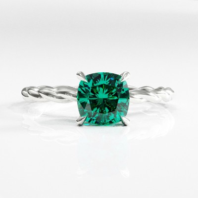 Cushion Cut Lab Grown Emerald Hidden Halo Twisted Engagement Ring