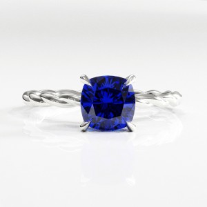 Cushion Cut Lab Grown Sapphire Hidden Halo Twisted Engagement Ring