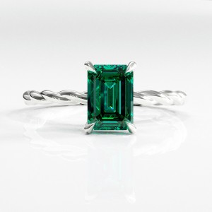 Emerald Cut Lab Grown Emerald Hidden Halo Twisted Engagement Ring