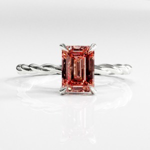 Emerald Cut Lab Grown Morganite Hidden Halo Twisted Engagement Ring