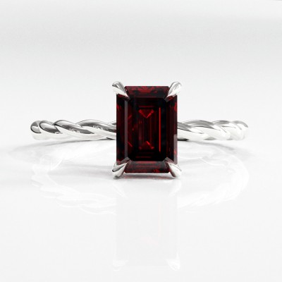 Emerald Cut Lab Grown Ruby Hidden Halo Twisted Engagement Ring